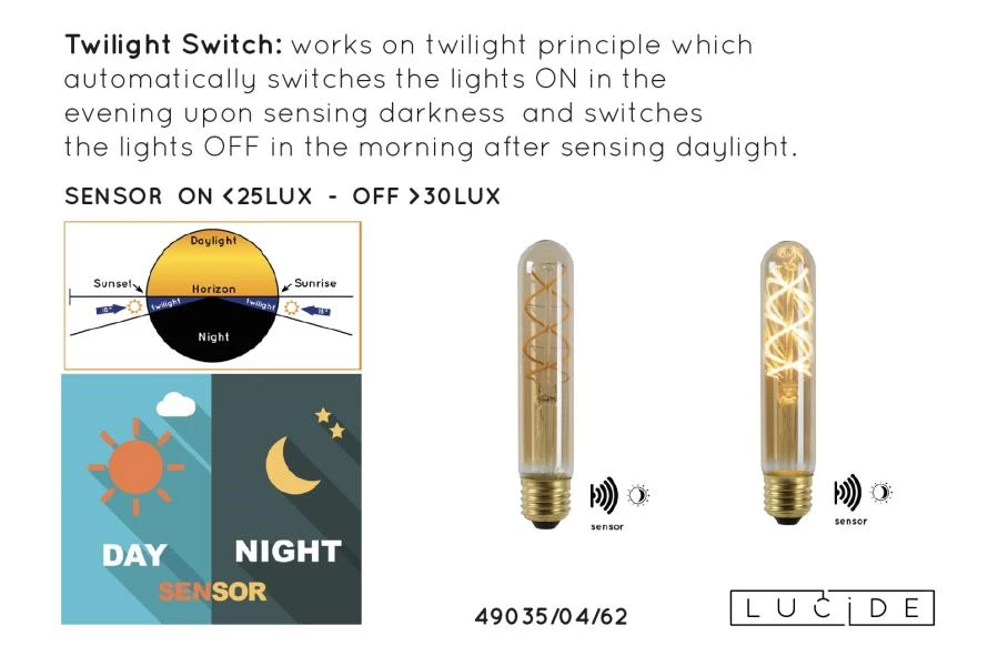 Lucide T32 TWILIGHT SENSOR - Ampoule filament Extérieur - Ø 3 cm - LED - E27 - 1x4W 2200K - Ambre - détail 9